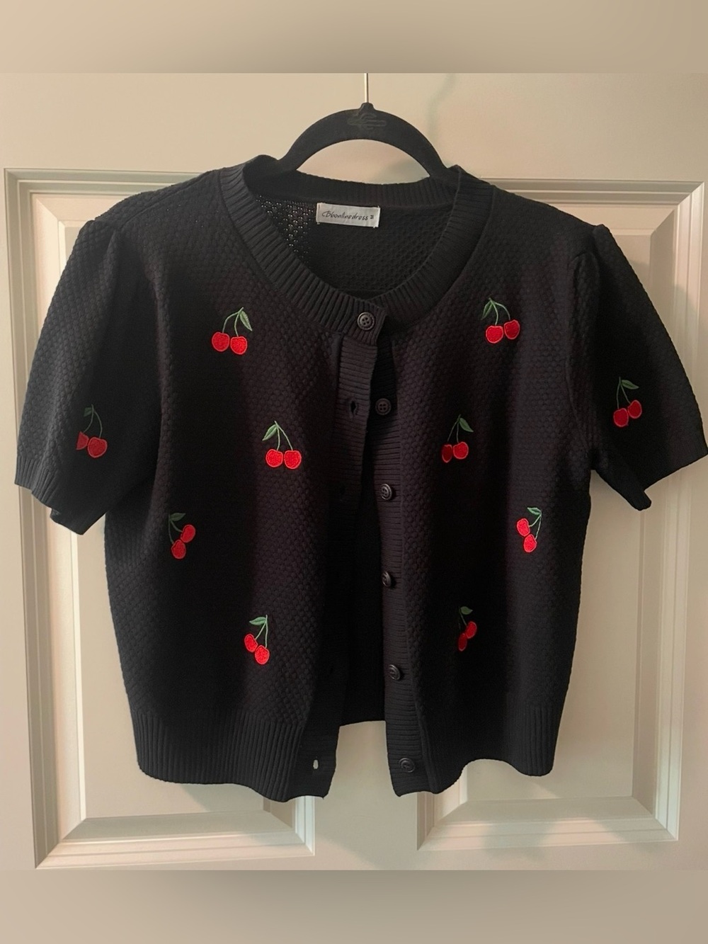 Cherry Embroidered Black Knit Cardigan - Women’s